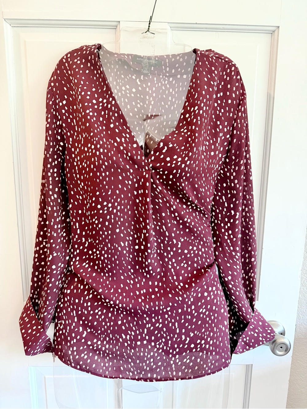 Banana Republic Women's Burgundy V-Neck Long Sleeve Blouse with White Dot Print